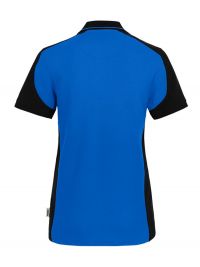 Blaues Damen Arbeits Poloshirt mit schwarzen Kontrasteinsätzen und Vier-Loch-Knopfleiste – strapazierfähig und pflegeleicht für Handwerk, Pflege und Gastronomie.